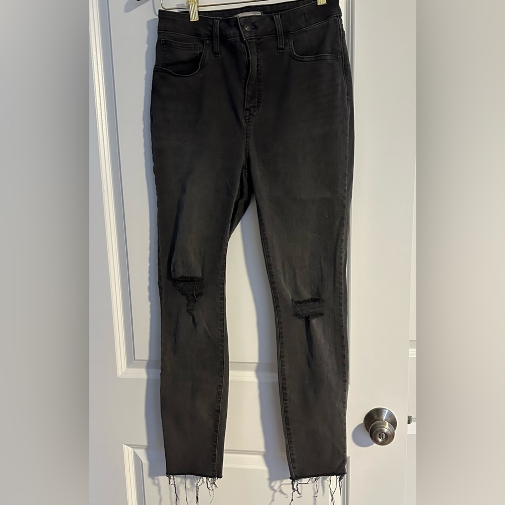 Madewell faded black jeans with holes in the knees frayed bottom worn twice